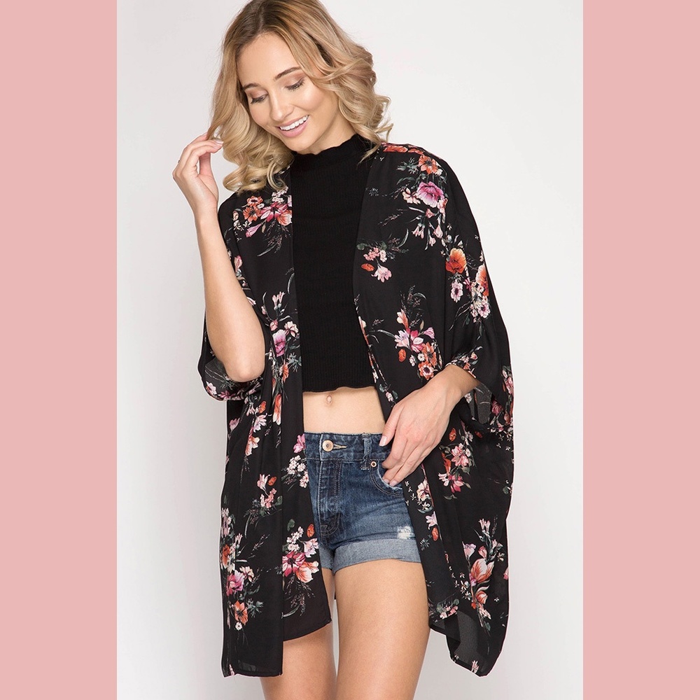 Black Floral Kimono Cardigan - Picture 2 of 2